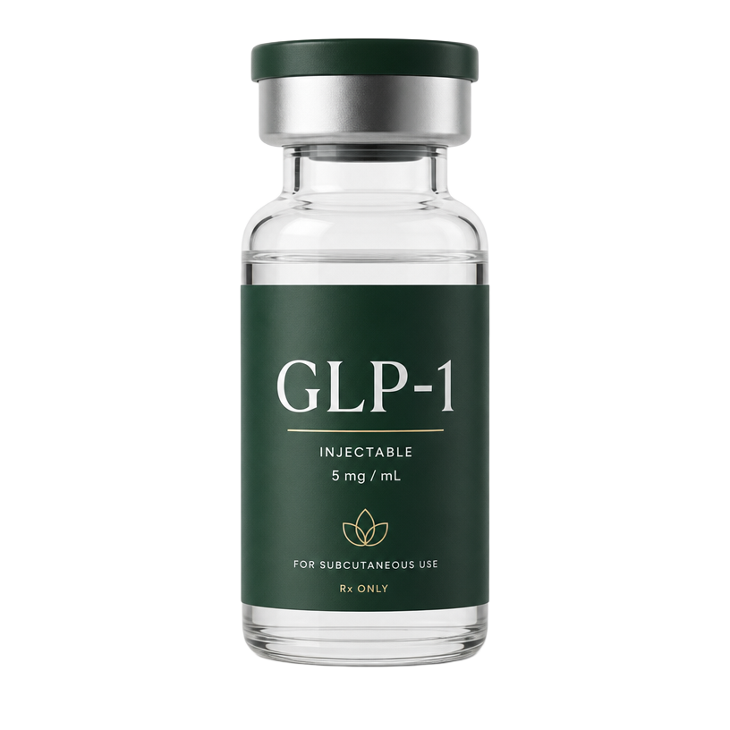 Compounded GLP-1 vial with forest green label